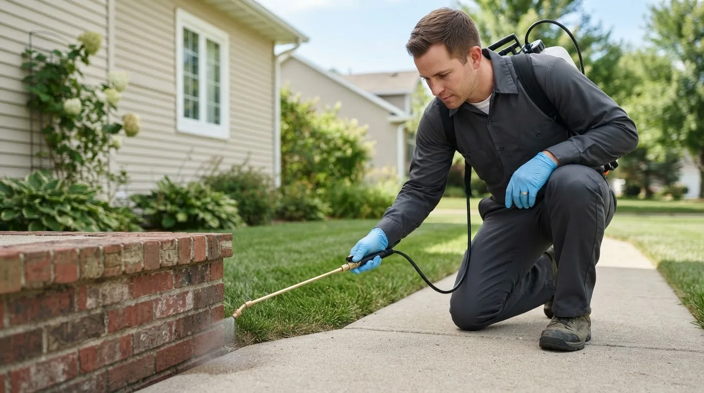 Pest control technician treating a home near North Lima, OH
